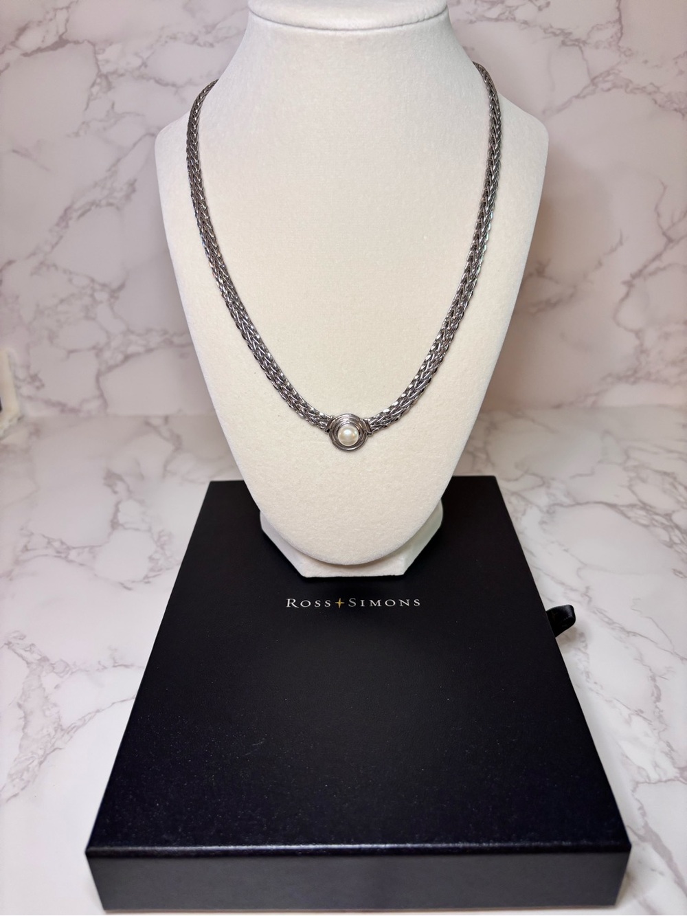 ROSS SIMONS Sterling Silver Woven Wheat Chain Pearl Statement Necklace 20"